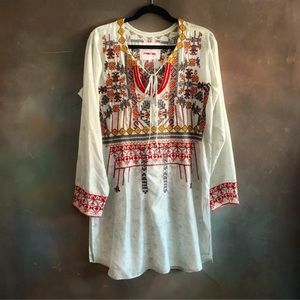 Biya by Johnny Was Embroidery Tunic Silk Top Slit-hem Print Lace Tie Size M